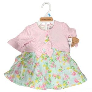 Baby Essentials Spring Time Three Piece Dress Set, size 3/6 Months NWT